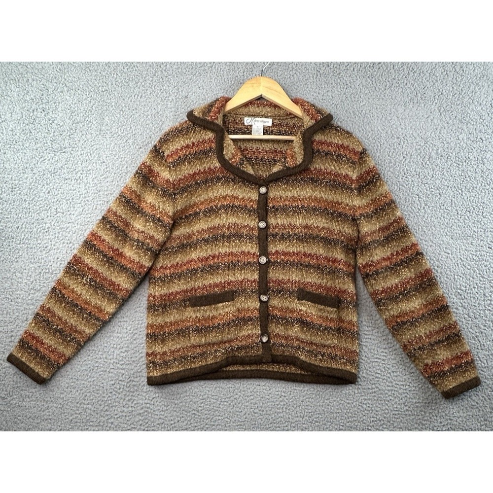 VTG Dress Barn Cardigan Sweater Womens Medium Brown Striped Mohair Blend Cozy